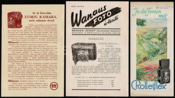 cca 1930-1940 Vegyes fényképezőgépekkel, kamerákkal kapcsolatos ismertető prospektusok (Eumig kamera, Wanaus Foto, Rolleiflex, Voigtländer, mentor Dreivier), közte német nyelvűek is, 5 db