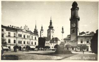 1934 Besztercebánya, Banska Bystrica; IV. Béla király tér, Klopstock, Emil Skoda, Herzka Testvérek üzletei, Nemzeti Bank / square, shops, bank, photo