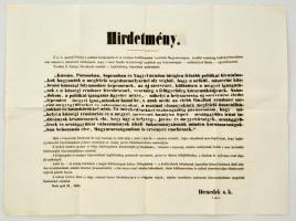 1860 Benedek Lajos Magyarország katonai és polgári kormányzójának hirdetménye a kinevezése alkalmából 52x40 cm