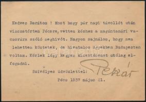 1937 Pekár Mihály (1871-1942) orvos gépelt bocsánatkérő levele Jendrassik Loránd (1896-1970) orvos részére meghívás lemondásáról, Pekár sajátkezű aláírásával