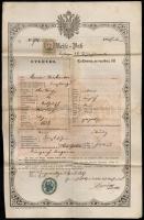 1855 Osztrák--magyar-cseh háromnyelvű útlevél 6kr Cm okmánybélyeggel / Passport with document stamp.