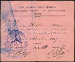 1907 Fiume, Tengerész gépészek társaskörének igazolványa / ID for sailor enginers association in Fiume