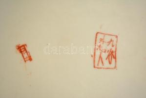 Jelzett távol keleti dísztál, kézzel festett, kopott, d:35 cm