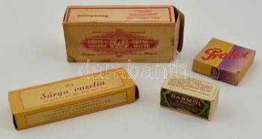4 db gyógyszeres doboz (Sárga vazelin, Bruns gyapot kötözőszer, Darmol, Protex), kettő tartalommal
