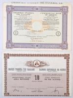 Görögország / Athén 1962. Görög Nemzeti Bank részvényelismervénye 10db részvényről, szelvényekkel + 1976. Görög Kereskedelmi Bank részvényelismervénye 5db részvényről, bélyegzésekkel T:III ragasztás, tűlyuk Greece / Athens 1962. Naitonal Bank of Greece certificate about 10pcs of shares with coupons + 1976. Commercial Bank of Greece certificate about 5pcs of shares with overprints C:F sticked, needle hole