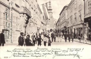 Pozsony, Pressburg, Bratislava; Mihálykapu utca, Schmidt Testvérek üzlete / Michaelerthorgasse / street view, shops (EB)