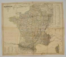 1849 Franciaország térképe, General-karte von Frankreich, F. Handtke, Glogau, Carl Flemming, hajtásnyomokkal, a hajtások mentén szakadással, a hátoldalon javítással, 67x80 cm./ 1849 Map of France, General-karte von Frankreich, F. Handtke, Glogau, Carl Flemming, with repairs on the back, folded, with some little tears, 67x80 cm.