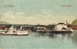 Budapest IV. Újpest, Vasúti híd, Dunai részlet, gőzhajó (EK)