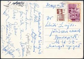cca 1976 A vízilabda válogatott tagjainak aláírása a Tbilisziből hazaküldött képeslapon (Csapó, Faragó, Gajdosy, Steinmetz, Rajki, stb.)