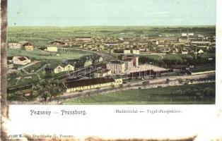 Pozsony, Pressburg, Bratislava; látkép a vasútállomással. Duschinsky G. kiadása / railway station / Bahnhof