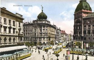Budapest VII. Rákóczi út, villamosok, gyógyszertár, Emke kávéház