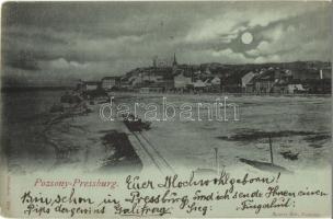 Pozsony, Pressburg, Bratislava; rakpart vasúttal, este / quay with railway, night (EK)