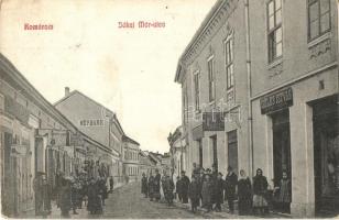 Komárom, Komárno; Jókai Mór utca, Népbank, Széles István hentes üzlete, Tamasek Lajos és Kőrösi István üzlete / street view with bank and shops (EK)