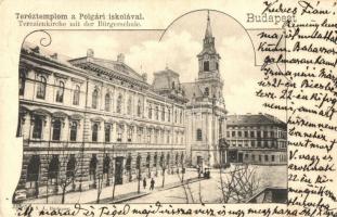 Budapest VI. Nagymező utca, Terézvárosi templom, Polgári iskola, Schwarcz Jakab kiadása (EK)