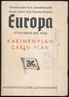 cca 1930 Az Európa gyors gőzös hajó kabinelosztását bemutató prospektus, képekkel illusztrált / Schnelldampfer Europa Kabinenplan