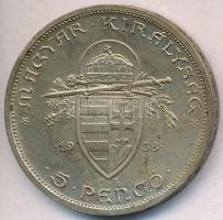 1938. 5P Ag "Szent István" T:1-,2 patina 
Adamo P8.1