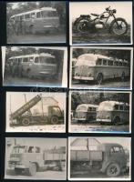 cca 1950-1960 9 db fotó teherautókról, buszokról és motorról, egy részük hátulján feliratozva, 7×10 cm