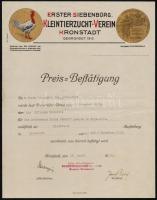 1936 Díszes fejlécű oklevél kisállattartó részére, Erster Siebenbürg. Kleintierzucht-Verein, Brassó/Kronstadt. Jó állapotban./ 1936 Price Vertification with decorative head, Erster Siebenbürg. Kleintierzucht-Verein, Brassó/Kronstadt, in good condition.