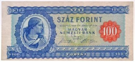 1946. 100Ft  vízjeles papíron, lefelé eltolódott nyomat, jobboldalt papírránc T:I-  Hungary 1946. 100 Forint on watermarked paper, downward shifted print, printig creases C:AU  Adamo F26