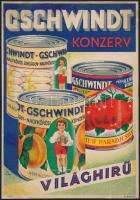 cca 1930-1940 Világhírű Gschwindt konzerv, Globus-ny. Bp., Pál György (1906-1986) grafikus által tervezett, villamos plakát, restaurált, 24x16 cm.
