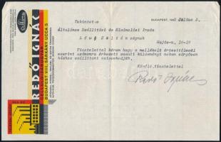 1930 Díszes fejléces számlája, Redő Ignác Celluloidgyár, Bp., aláírással.