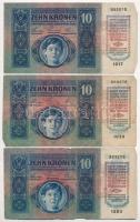 1915. 10K (3x) mindhárom piros "MAGYARORSZÁG" körbélyegzővel T:III,III-