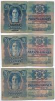 1913. 20K (3x) mind a három piros "MAGYARORSZÁG" körbélyegzővel T:III,III-