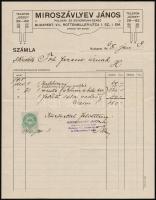 1916 Díszes fejlécű számla, Miroszávlyev János Polgári- és Egyenruha-Szabó, Bp., 10 f. ománbélyeggel.