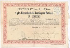 Hollandia / Amszterdam 1901. Oroszországi 4%-os Belföldi Kölcsön kötvénye 1000R-ről, bélyegzéssel, szelvények nélkül T:III tűly. Netherlands / Amstredam 1901. Russian Domestic Loan bond about 1000 Rubles, with stamp, without coupons C:F needle holes