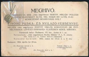 1934 Meghívó a vitéz nagybányai Horthy Miklós polgári lövész egylet puska és nyilazóversenyére, az egyesület jelvényével