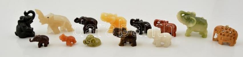Különféle anyagú (féldrága kövek is) elefánt figurák ( 13 db), m:2-7 cm