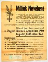 1938 Magyar Nemzeti Szolcialista Párt nyilaskeresztes plakátja. Kémeri Nagy Imre pártvezető aláírásával 46x58 cm