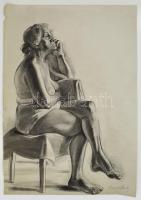 Barcsay jelzéssel: Idős ülő női akt. Szén, papír, szakadásokkal, felcsavarva, 99×70 cm