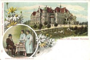 Marianske Lazne, Marienbad; Hotel and Café Rübezahl, interior with waitresses, Verlag Georg Zischke, floral Art Nouveau (EK)