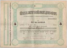 Budapest 1923. Az Országos Központi Hitelszövetkezet kötelékébe tartozó Centrum Hitelszövetkezet öt darab üzletrészjegye összesen 500K értékben, bélyegzésekkel és szelvényekkel T:III,III- szakadás