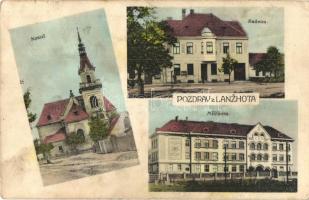 Lanzhot, Landschut; Kostel, Radnice, Mestanka / church, town hall, municipal school (Rb)