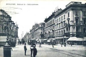 Budapest VII. Rákóczi út, villamosok, Hotel Orient szálloda, Emke kávéház, férfi létrával (EK)