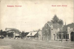 Budapest XIV. Városliget, Mulató bódák (Wurstli), Magyar Műszínkör, Özv. Bienenfeld Zsigmondné első magyar gyorsfényképész műterme, villamos (EK)