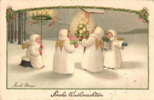 Frohe Weihnachten / Christmas greeting card, children as angels with gifts, AGB No. 3232. litho s: Pauli Ebner (EK)