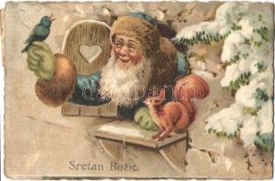Sretan Bozic / Christmas greeting card with Sain Nicholas, bird and squirrel. litho (EB)