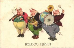 Boldog Újévet! / New Year greeting art postcard, pig music band, L&P 1541/IV