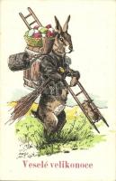 Veselé velikonoce / Easter greeting art postcard, rabbit chimney sweeper