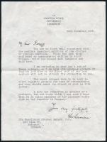 1938 Lord Rothermere (Sidney Harold Harmsworth) 1868-1940 magyar revíziós törekvéseket támogató angol főrend saját kézzel aláírt, személyes hangú levele levele Bárczy István budapesti polgármesternek melyben egy könyvet ajánl figyelmébe.