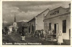 Szurduk, Surduc; Kiskeresztesi út, Hangya üzlet, templom / street view with cooperative shop and church