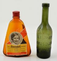 2 db régi gyógyszeres üveg: Sanostol emulsio, Kalmár oroszlán sósborszesz, m: 16 és 19 cm