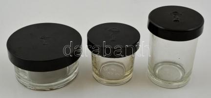 cca 1970 Gyógyszertári üveg tégelyek, bakelit fedéllel, m: 4,5, 5,5, 8 cm