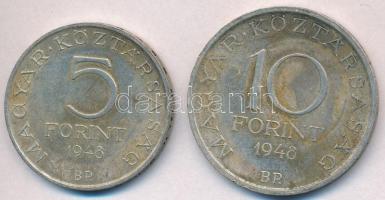 1948. 5Ft Ag "Petőfi" + 10Ft Ag "Széchenyi" T:2 patina