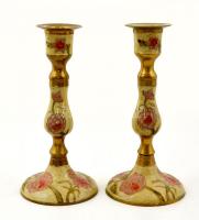 Réz gyertyatartó pár zománc díszítéssel, apró zománc hibákkal, m:17 cm (2×)