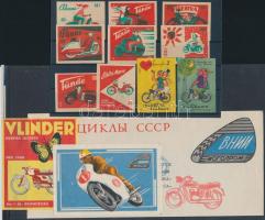 17 db motorokat ábrázoló különféle gyufacímke, köztük családi is