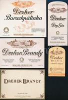cca 1930 5 db különféle Dreher italcímke: brandy, pálinka, gin, 9x5 és 11x14 cm közötti méretben